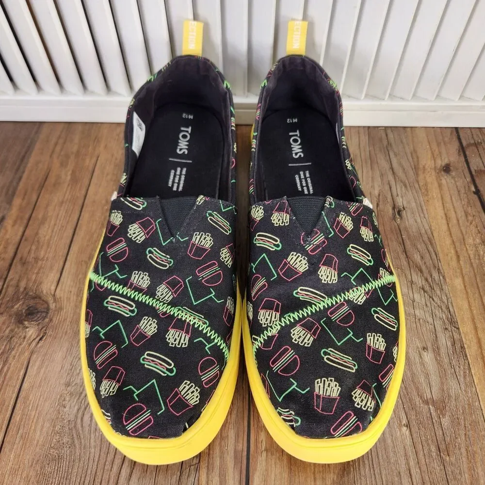 TOMS Venice Late Night Food Print Canvas Mens Size 12 Black Yellow Loafers Shoes